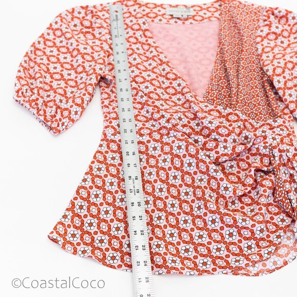 Sachin & Babi Wrap Blouse Top 8 Floral Asymmetric Puff Sleeve Retro Artsy Boho - Picture 13 of 14